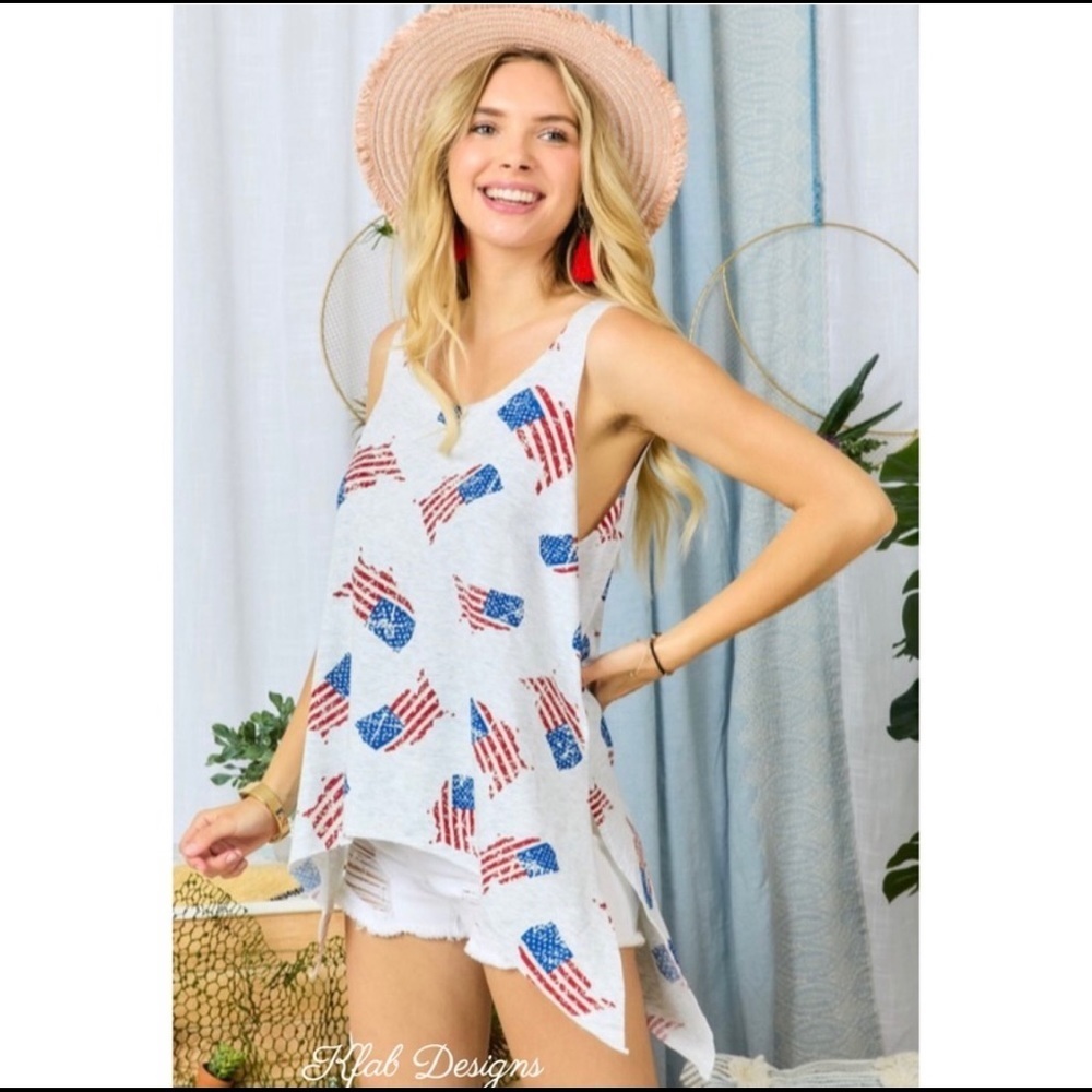 New! Sale 🔥 French Terry V Neck Flag Print Hi Lo Raw Hem Laser Cut Tank - Picture 4 of 9